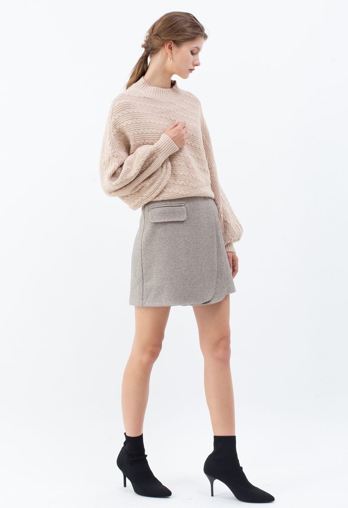 Batwing Sleeves Braid Knit Sweater in Tan