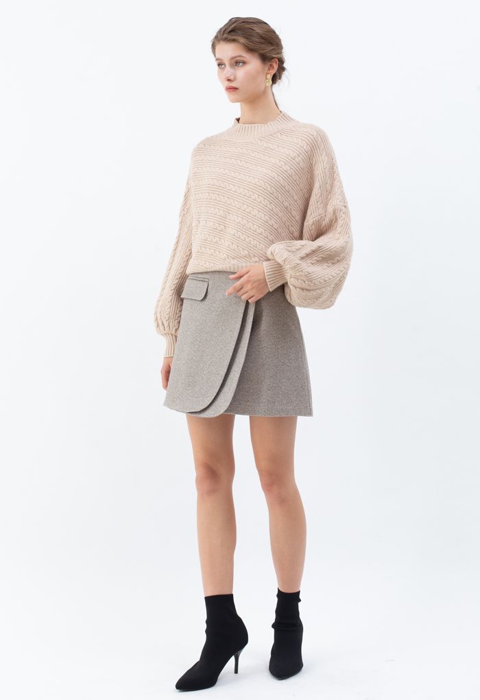 Batwing Sleeves Braid Knit Sweater in Tan