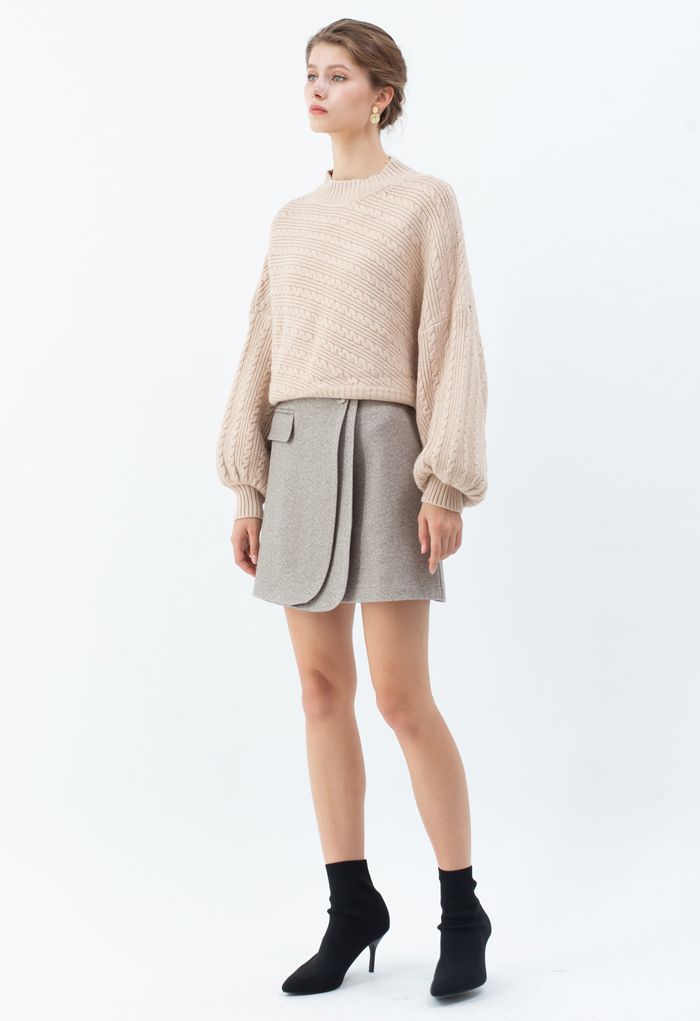 Batwing Sleeves Braid Knit Sweater in Tan