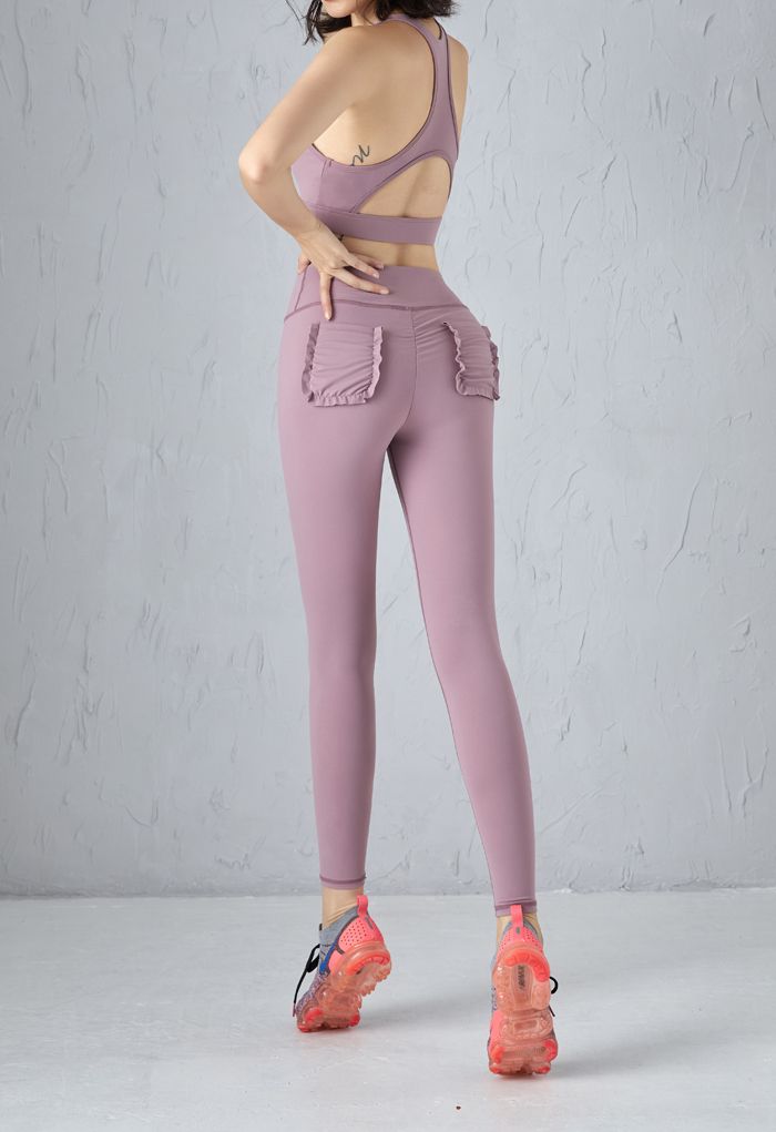 Lace-Up Front Sports Bra and Pockets Leggings Set in Purple