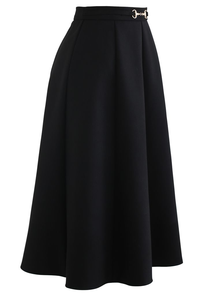 Horsebit Waist Seam Detail Flare Skirt in Black