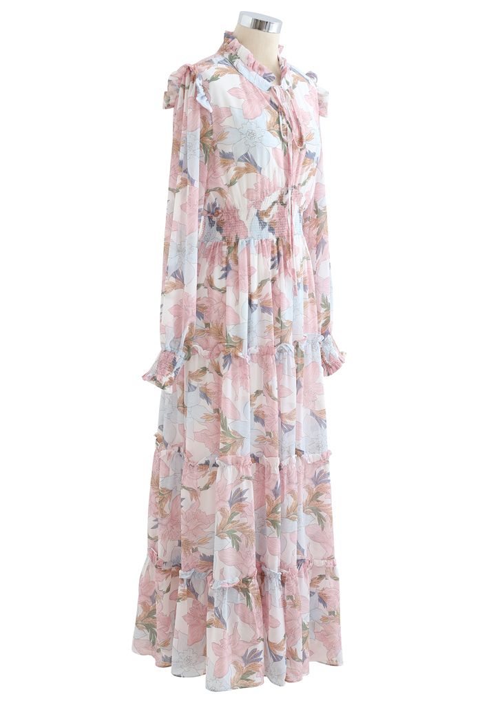 Pink Lily Blossom Chiffon Maxi Dress