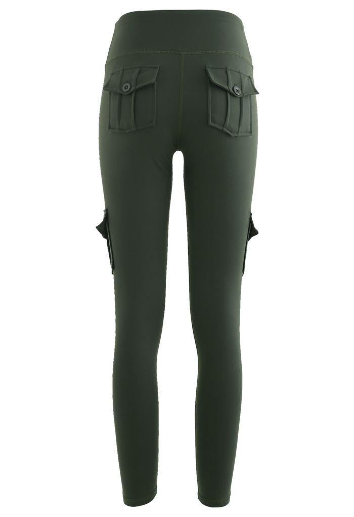 Buttoned Flap Pocket Seamed Cropped Leggings in Army Green