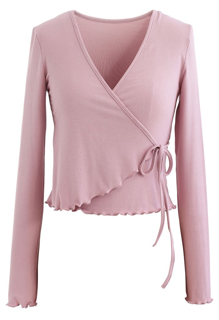 Lettuce Edge Cropped Wrap Top in Dusty Pink