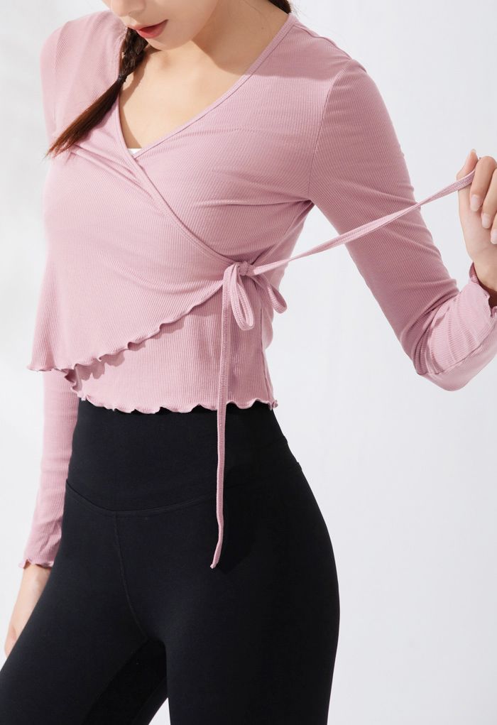 Lettuce Edge Cropped Wrap Top in Dusty Pink