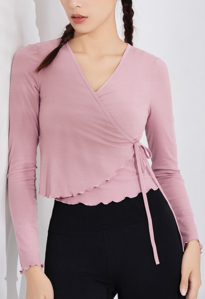 Lettuce Edge Cropped Wrap Top in Dusty Pink