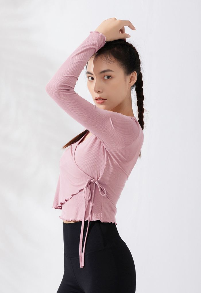 Lettuce Edge Cropped Wrap Top in Dusty Pink