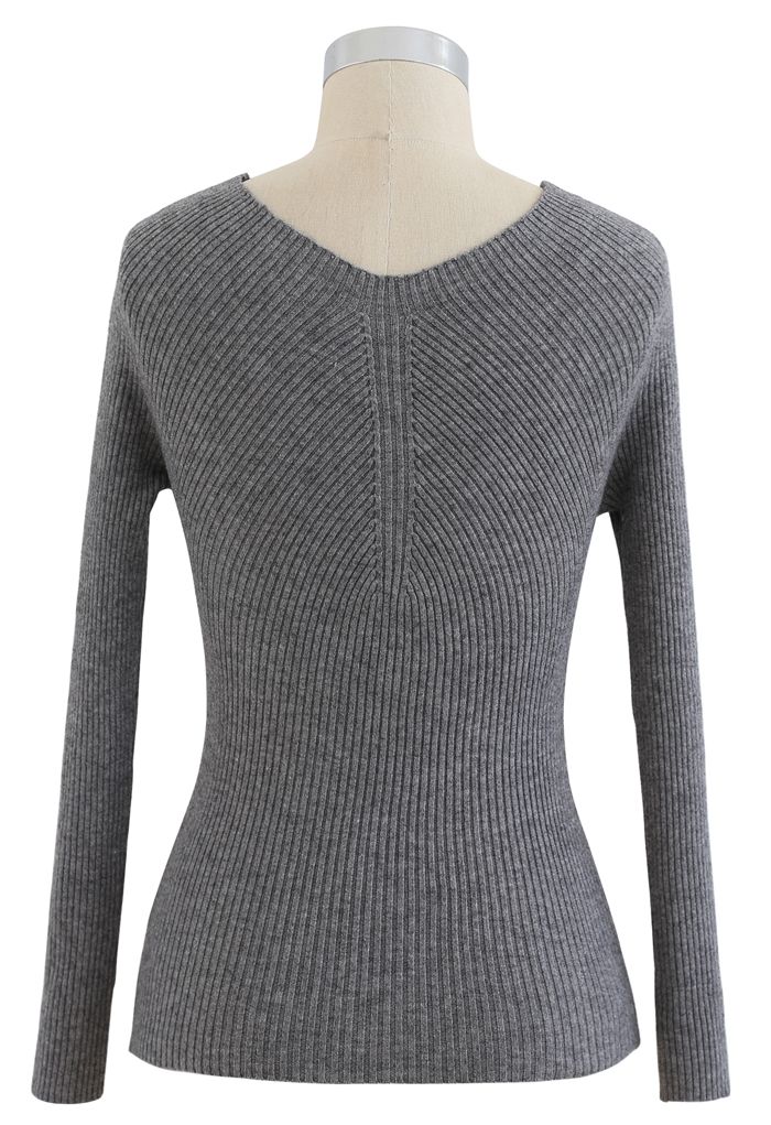 Seamless V-Neck Ribbed Knit Top in Grey