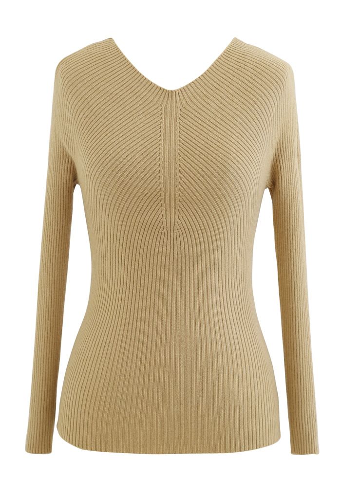 Seamless V-Neck Ribbed Knit Top in Camel