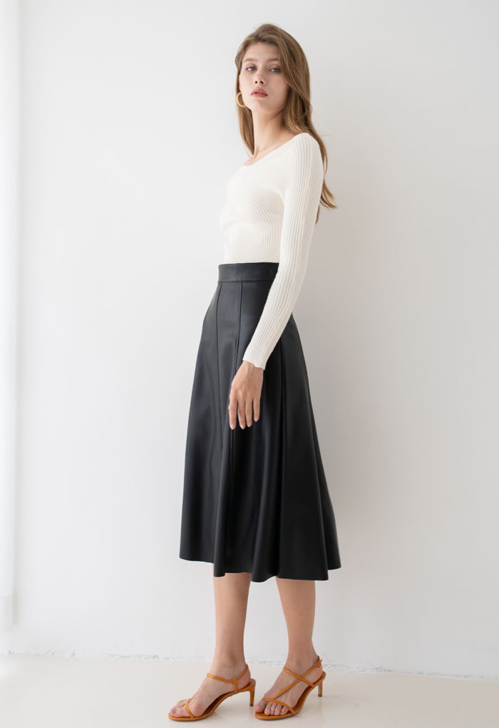 Soft Faux Leather Seamed A-Line Skirt in Black