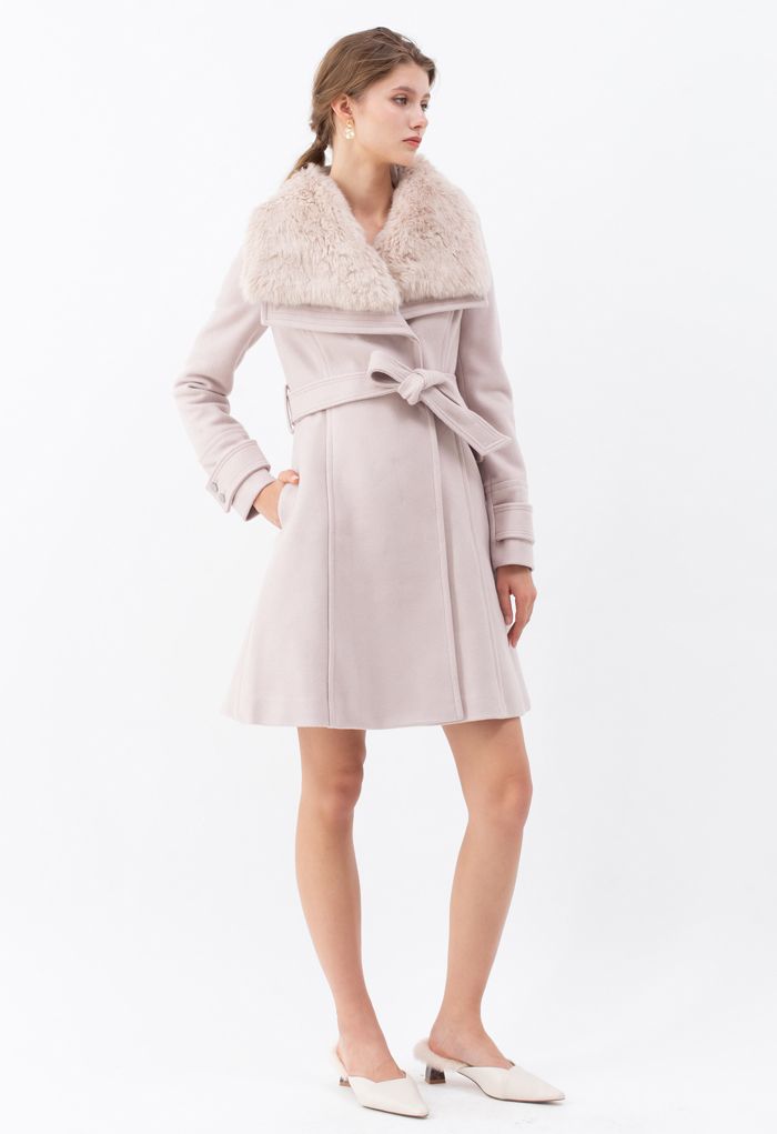 Faux Fur Wide Lapel Wool-Blend Coat in Pink