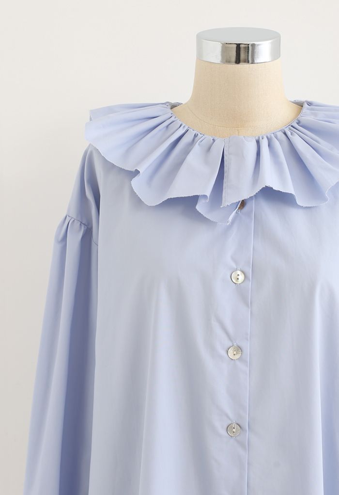 Ruffle Neck Button Down Loose Shirt in Blue