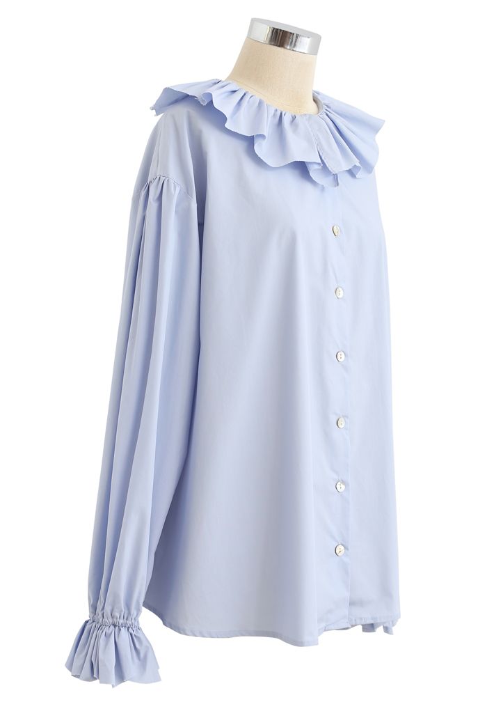 Ruffle Neck Button Down Loose Shirt in Blue