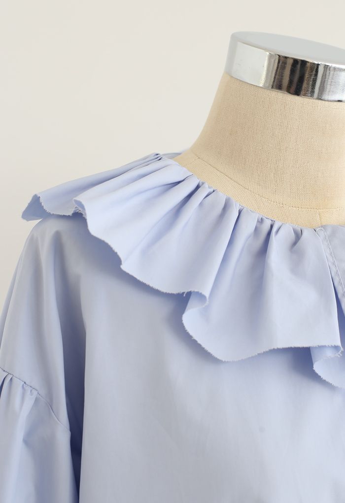 Ruffle Neck Button Down Loose Shirt in Blue