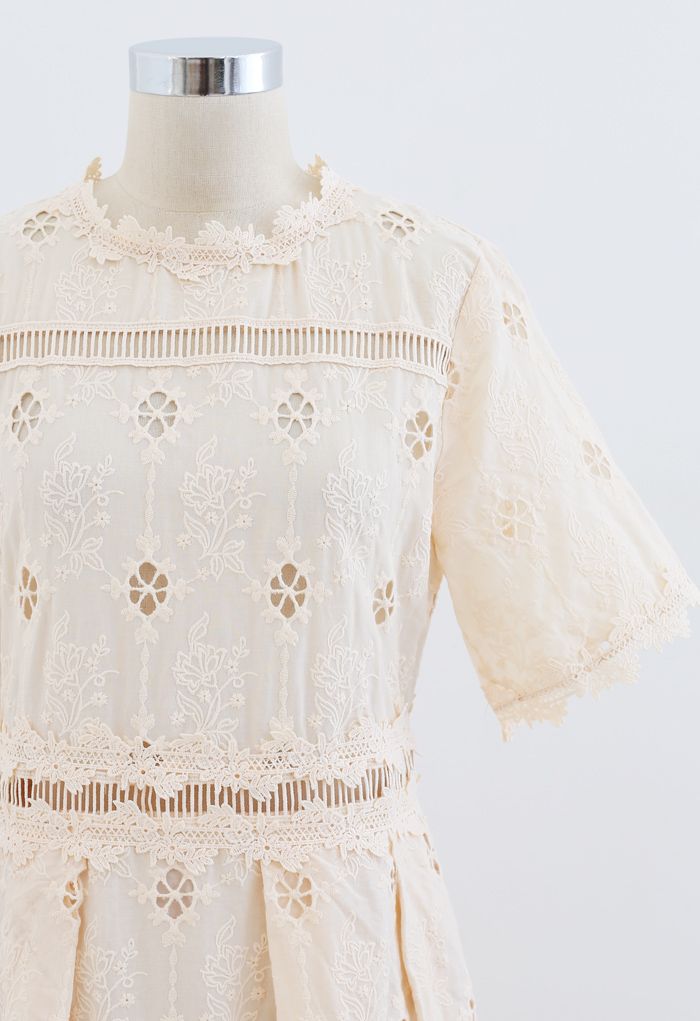 Short Sleeve Embroidered Crochet Dress