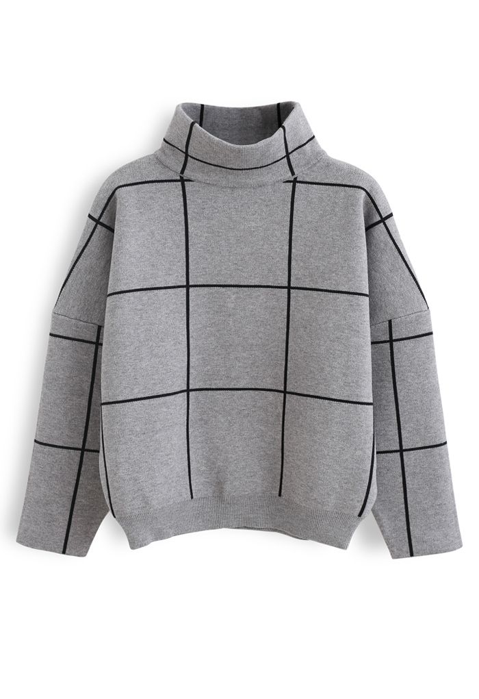 Grid Turtleneck Sweater in Grey