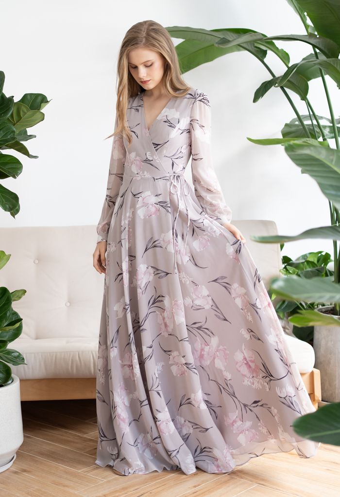 Stunning Lavender Floral Print Wrap Chiffon Maxi Dress