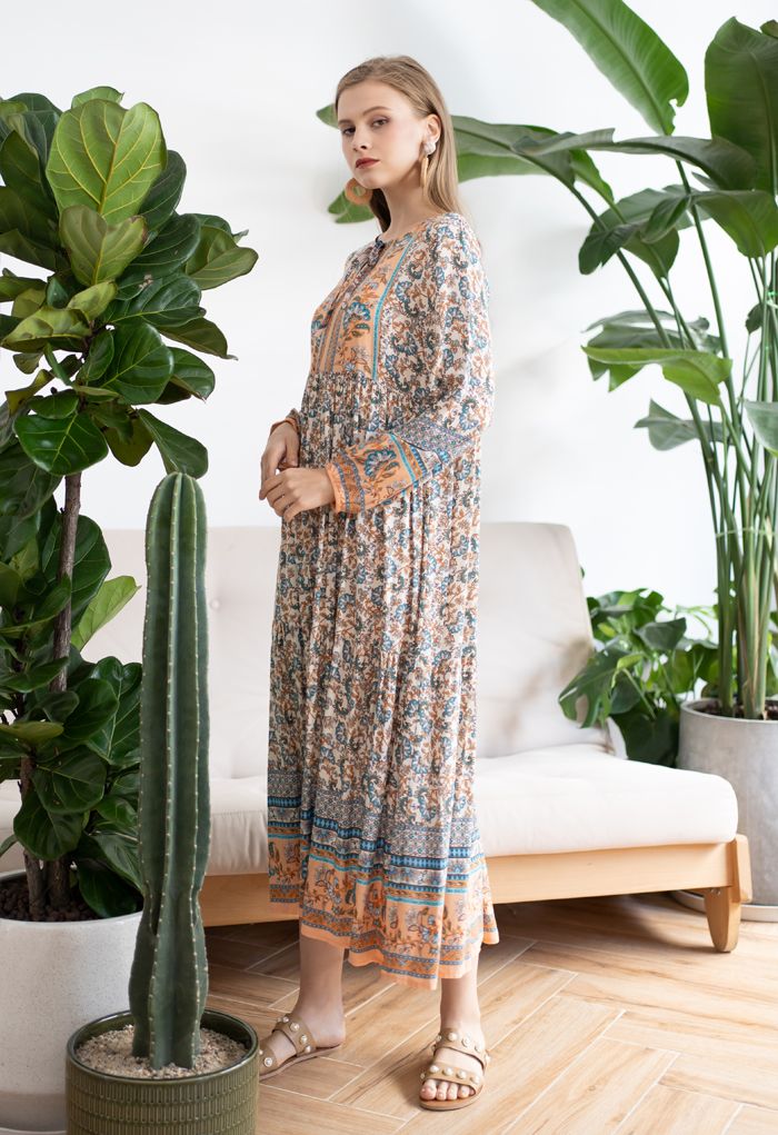 V-Neck Floral Printed Boho Maxi Dress