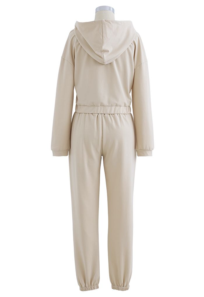 Hooded Zipper Sweatshirt and Drawstring Joggers Set in Cream