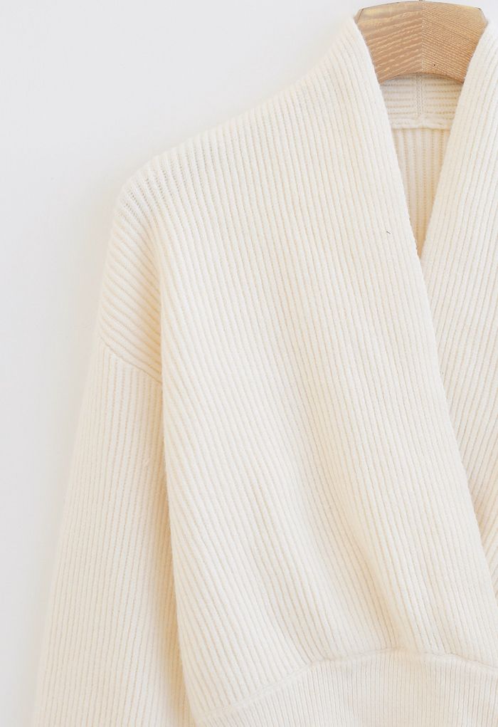 Ribbed Flare Sleeves Wrap Knit Top in Ivory