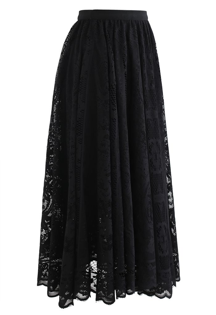 Divine Floral Lace Midi Skirt in Black