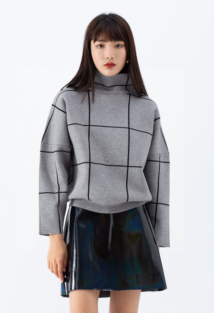 Grid Turtleneck Sweater in Grey