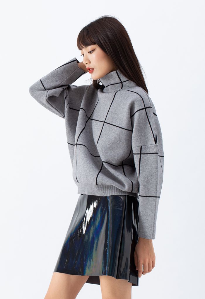 Grid Turtleneck Sweater in Grey