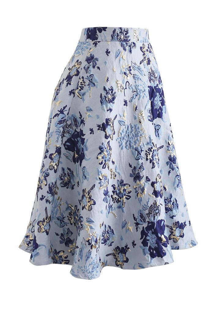 Blue Floral Embossed Jacquard Midi Skirt