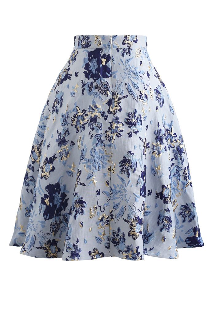 Blue Floral Embossed Jacquard Midi Skirt