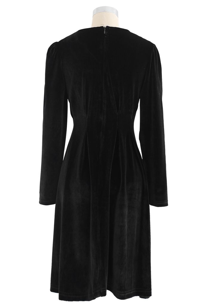 Button Trim V-Neck Velvet Midi Dress