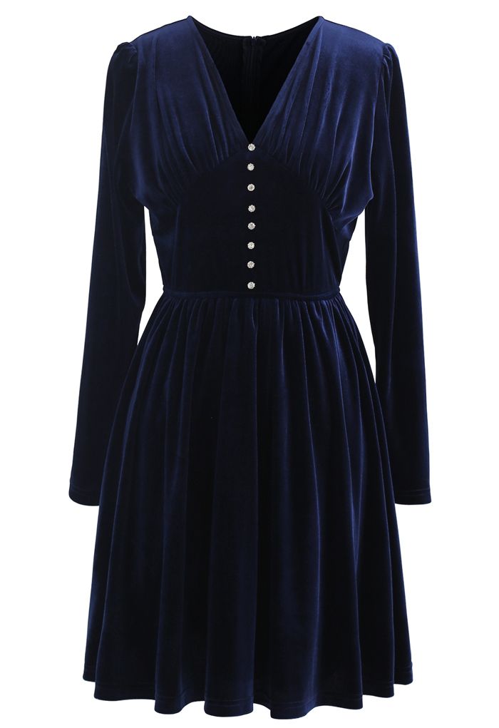 Button Trim V-Neck Ruched Velvet Dress in Navy