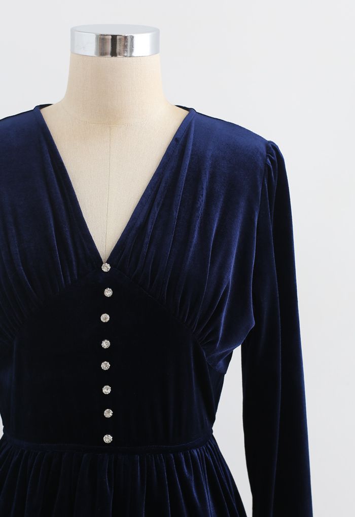 Button Trim V-Neck Ruched Velvet Dress in Navy