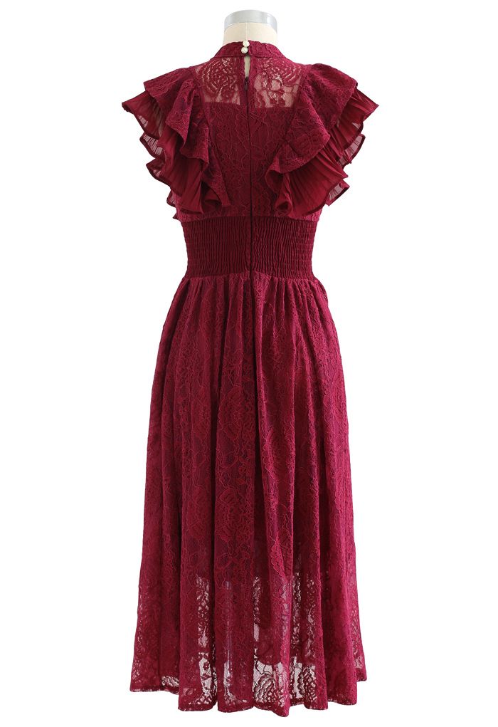 Tiered Ruffle Sleeveless Midi Lace Dress in Wine