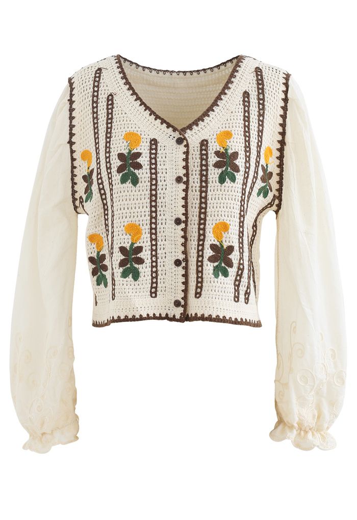 Embroidered Crochet Spliced Sleeves Cardigan