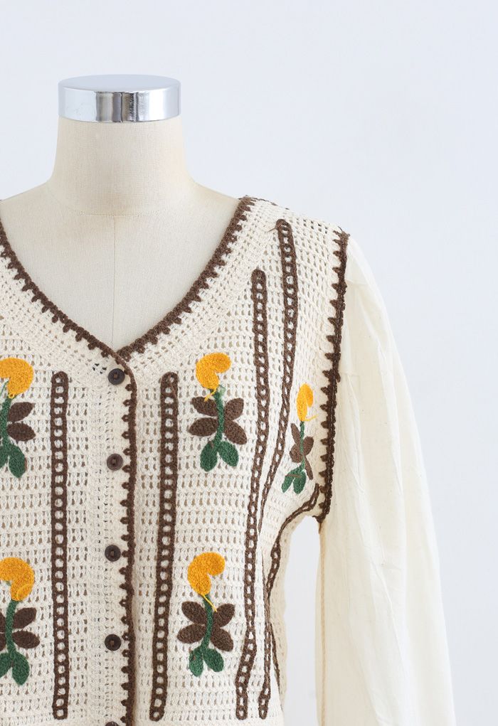 Embroidered Crochet Spliced Sleeves Cardigan