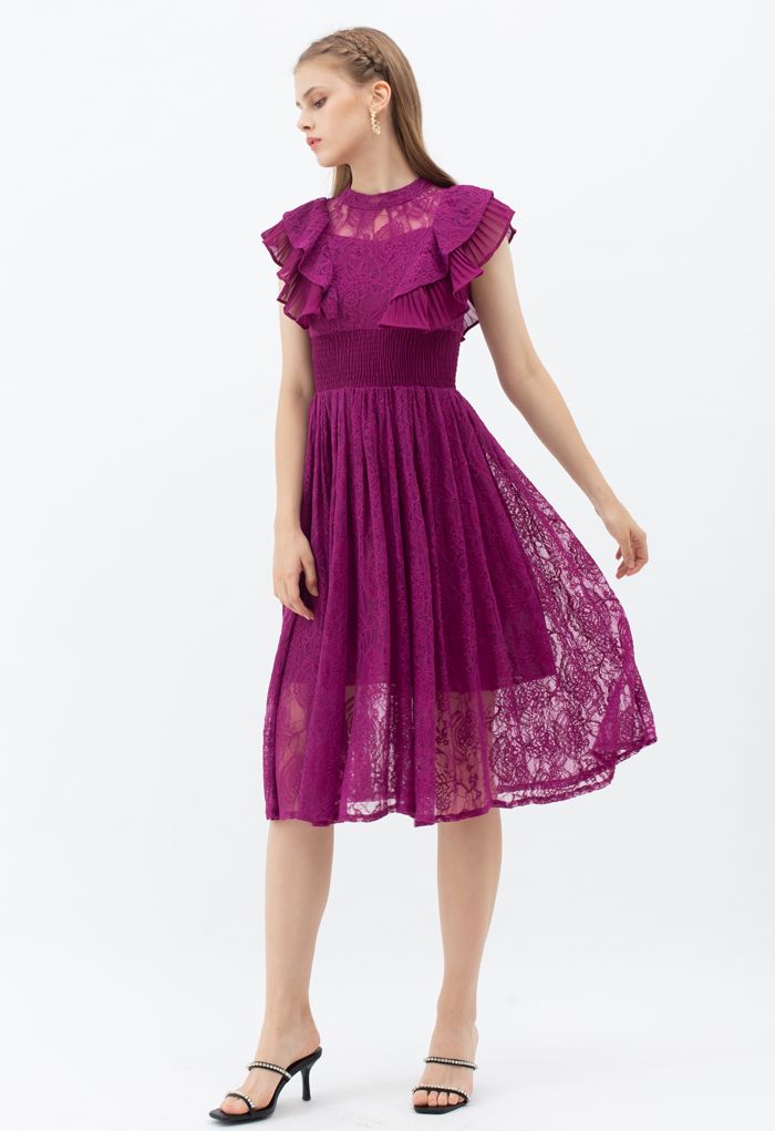 Tiered Ruffle Sleeveless Midi Lace Dress in Magenta