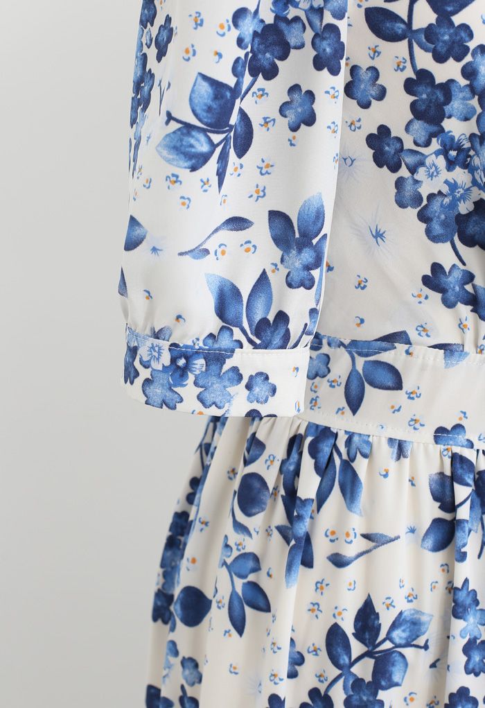 Blue Floral Printed Wrap Frilling Dress