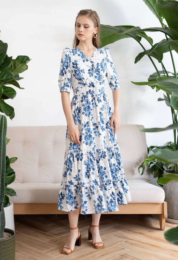 Blue Floral Printed Wrap Frilling Dress