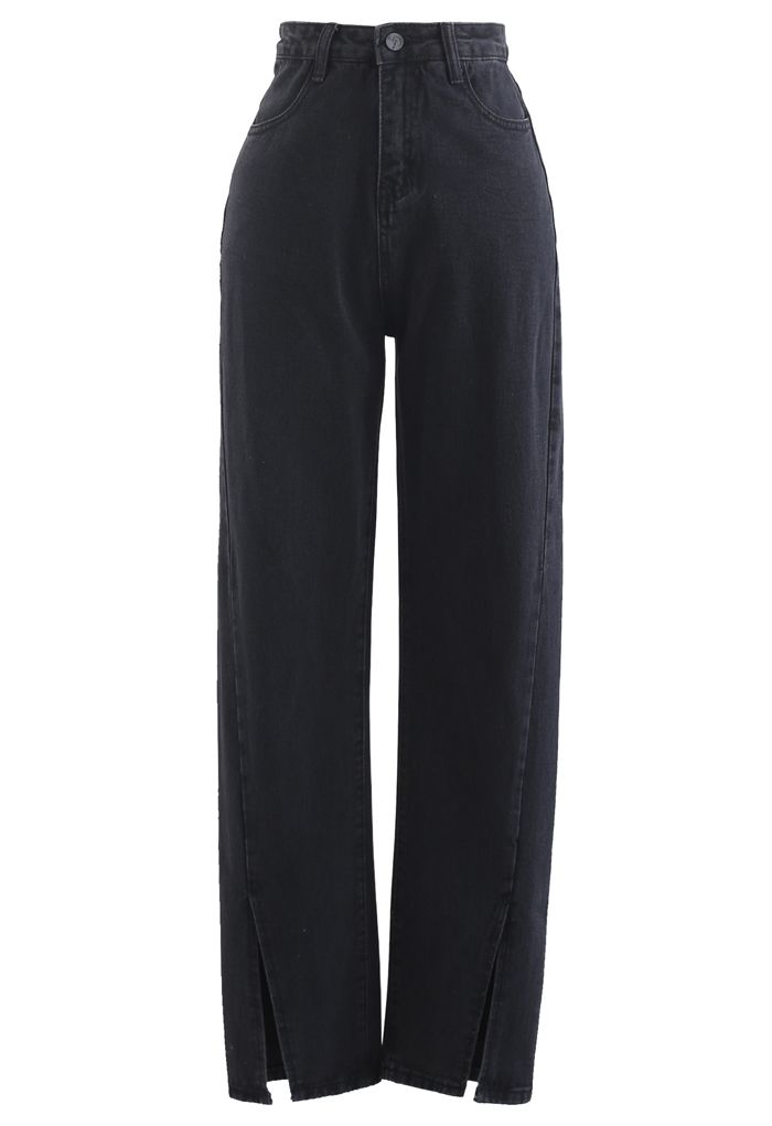 Slit Cuffs High Waist Soft Jeans in Black