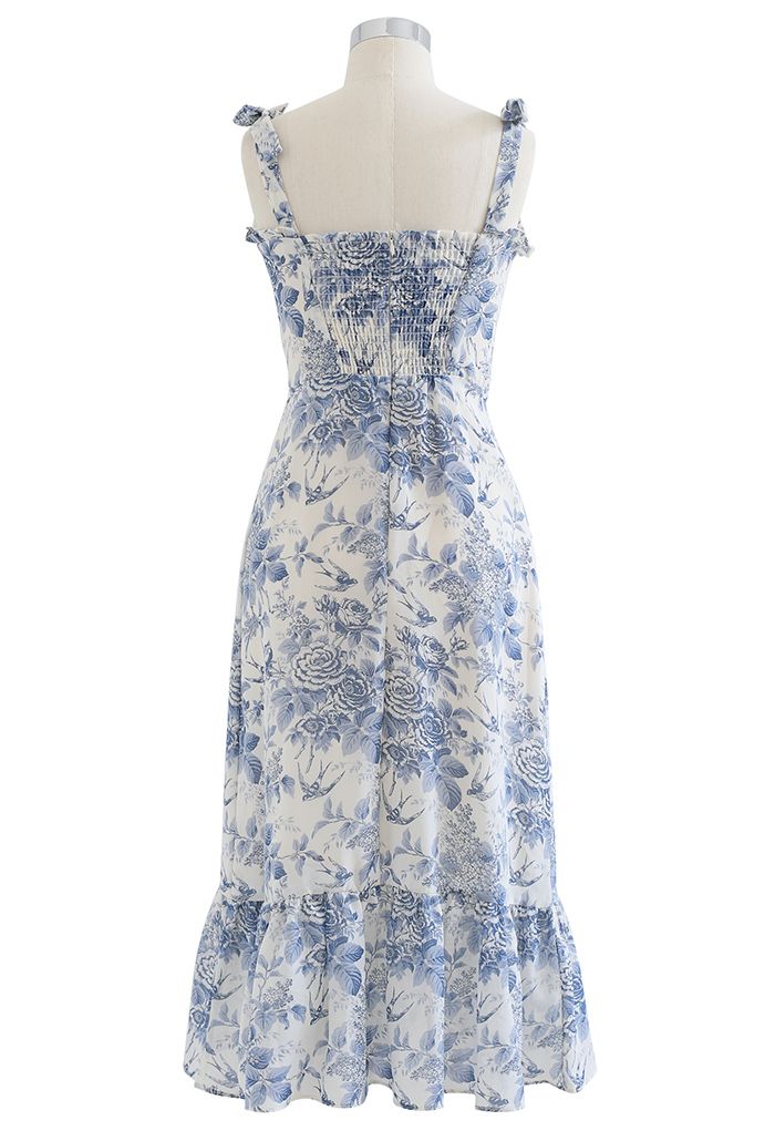 Swallow and Rose Printed Tie-Strap Midi Dress