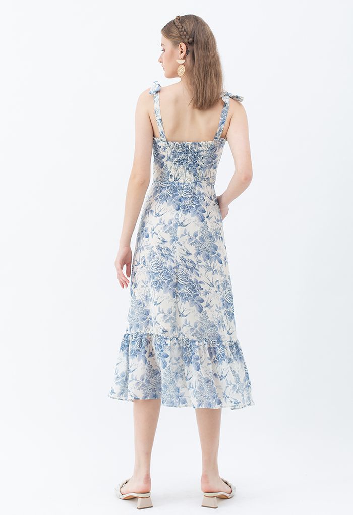 Swallow and Rose Printed Tie-Strap Midi Dress