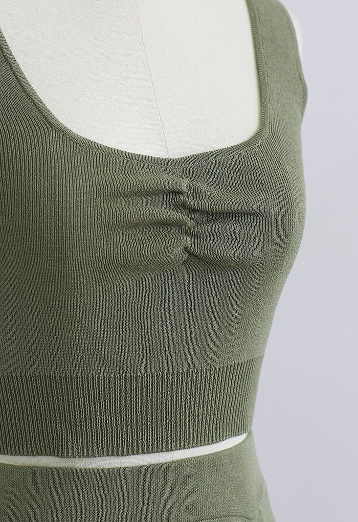 Ruched Front Knit Crop Tank Top in Army Green