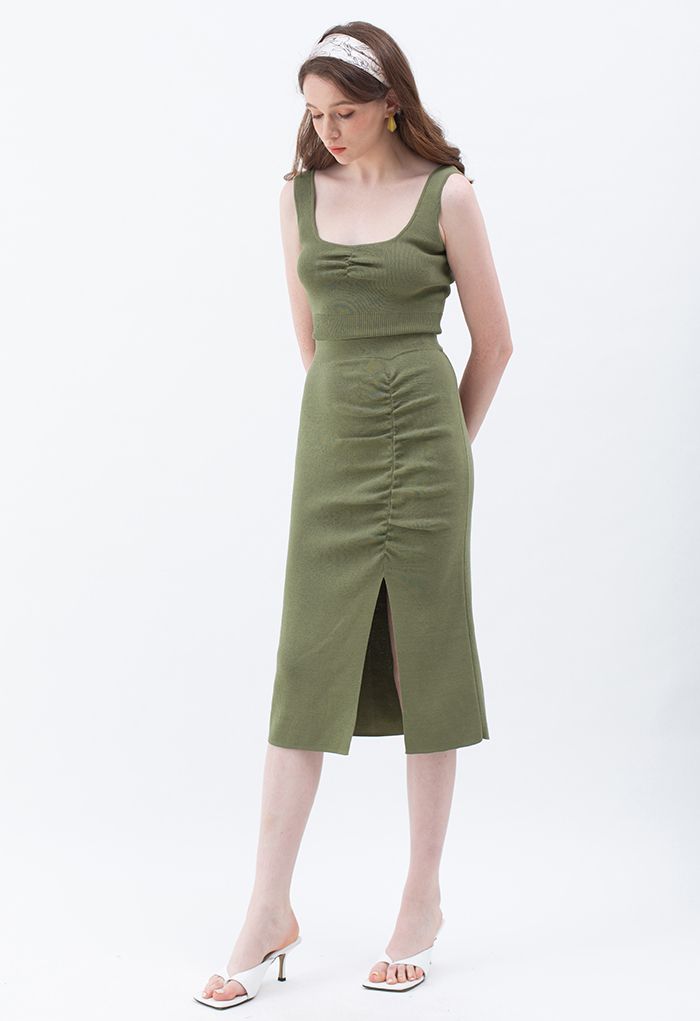 Ruched Front Knit Crop Tank Top in Army Green