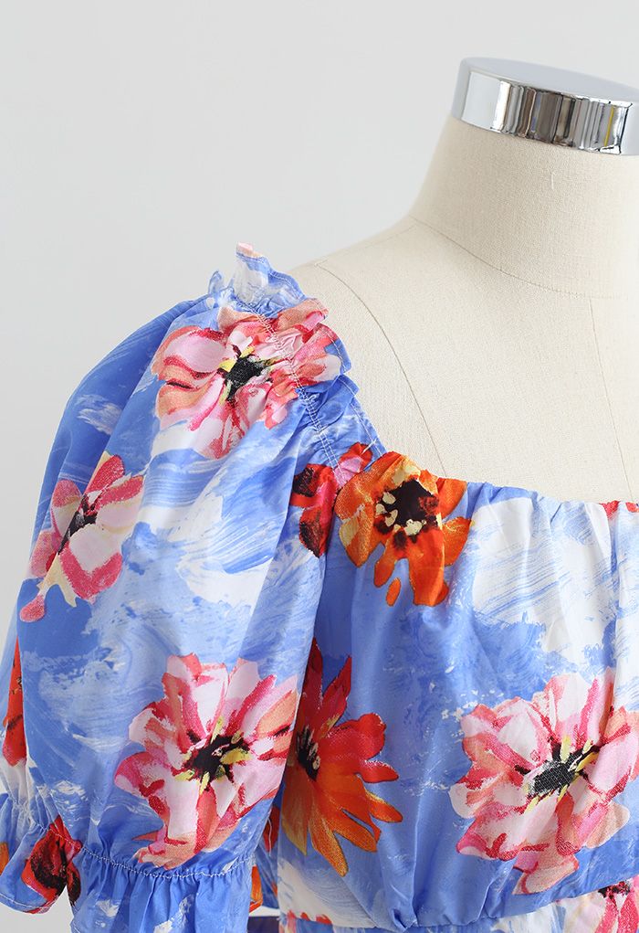 Bowknot Back Floral Print Crop Top in Blue