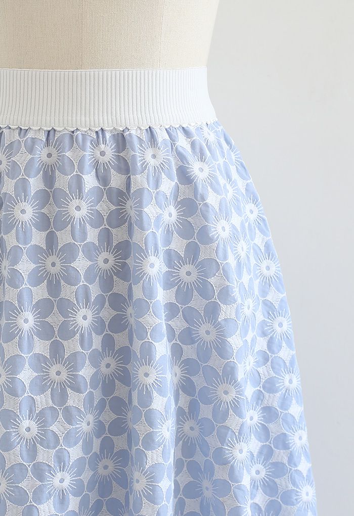 Embroidered Daisy Midi Skirt in Light Blue