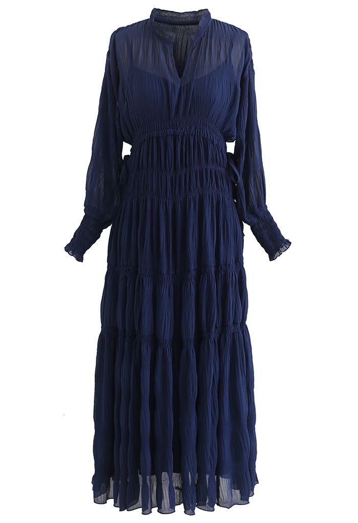 Full Shirring Side Drawstring Chiffon Dress in Navy