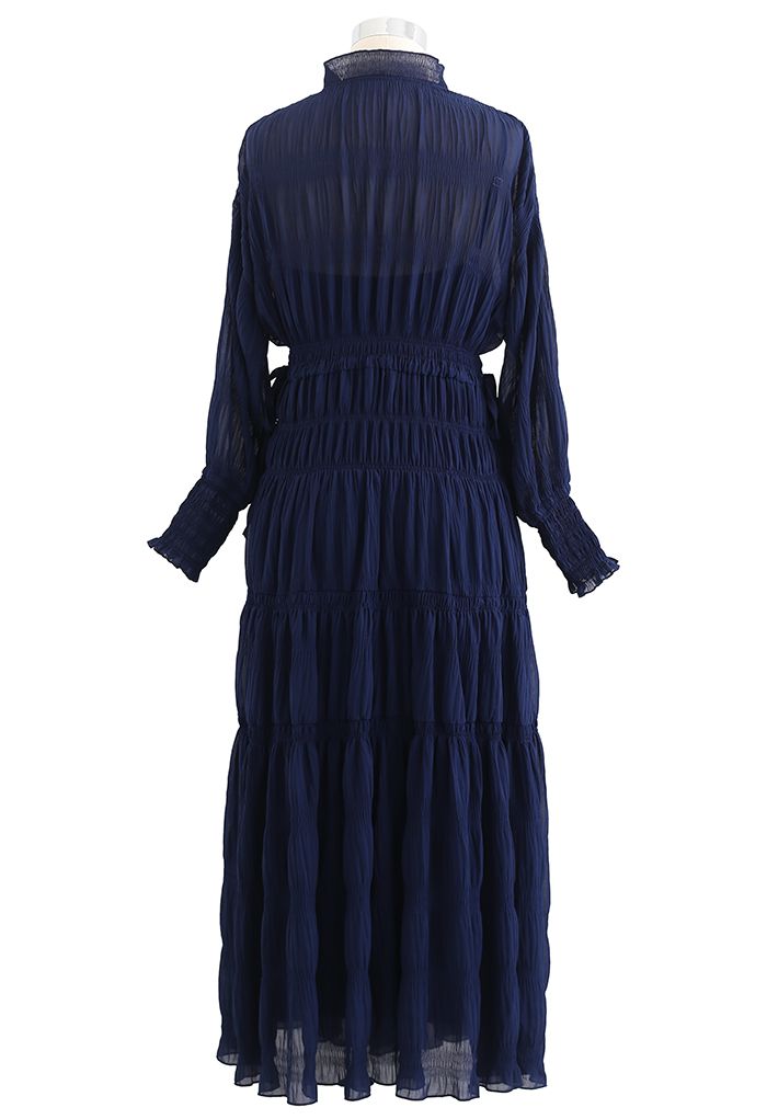 Full Shirring Side Drawstring Chiffon Dress in Navy