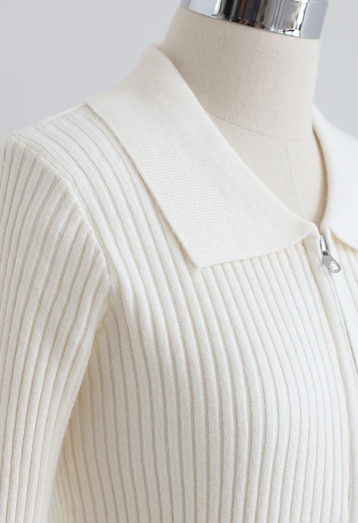 Collared Zipper Rib Knit Crop Top in Ivory