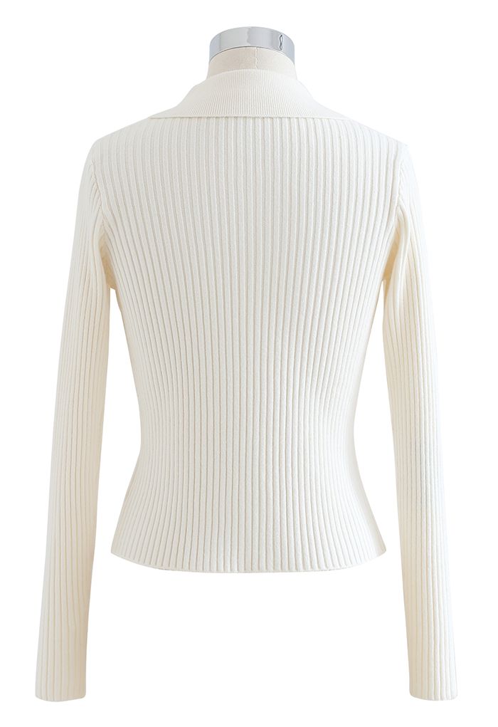 Collared Zipper Rib Knit Crop Top in Ivory