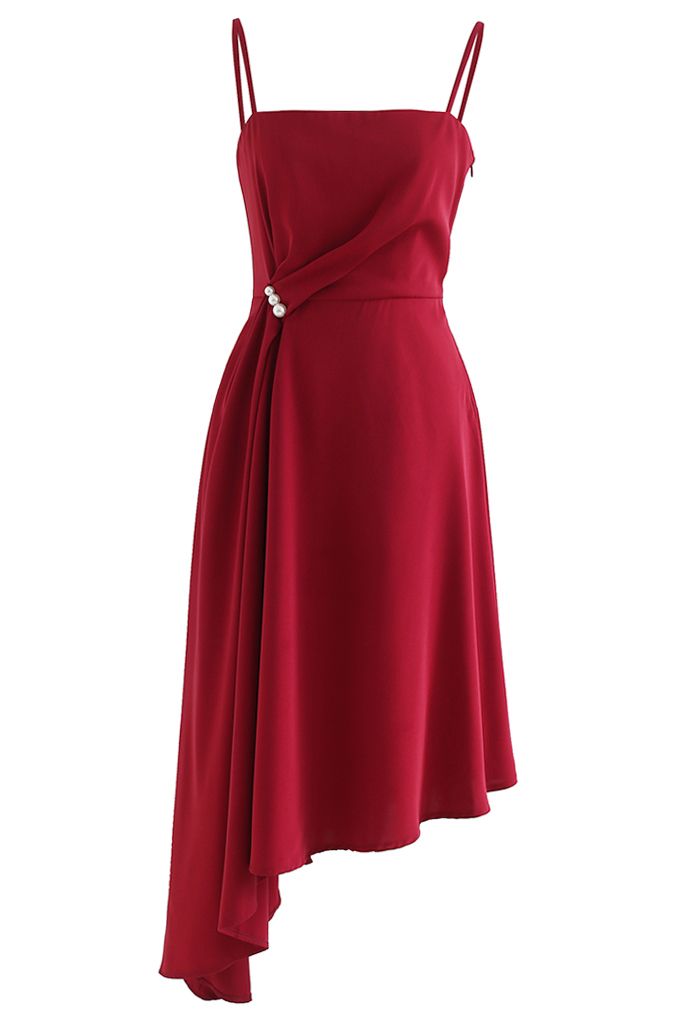 Pearl Trim Ruched Draped Asymmetric Cami Dress in Red